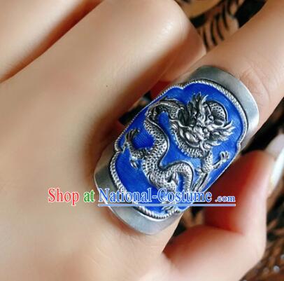 Chinese National Blueing Silver Ring Jewelry Traditional Handmade Accessories Retro Carving Dragon Circlet