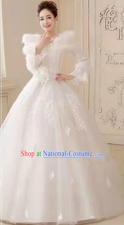 Top Handmade Winter Wedding Garment Bride White Wedding Dress Long Sleeve Full Dress