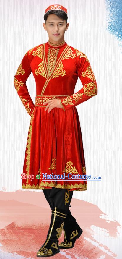 Chinese Uyghur Nationality Dance Costume Ethnic Male Group Dance Clothing Xinjiang Dance Red Outfit