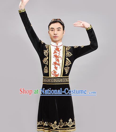 Chinese Ethnic Male Group Dance Clothing Xinjiang Dance Black Outfit Uyghur Nationality Dance Costume