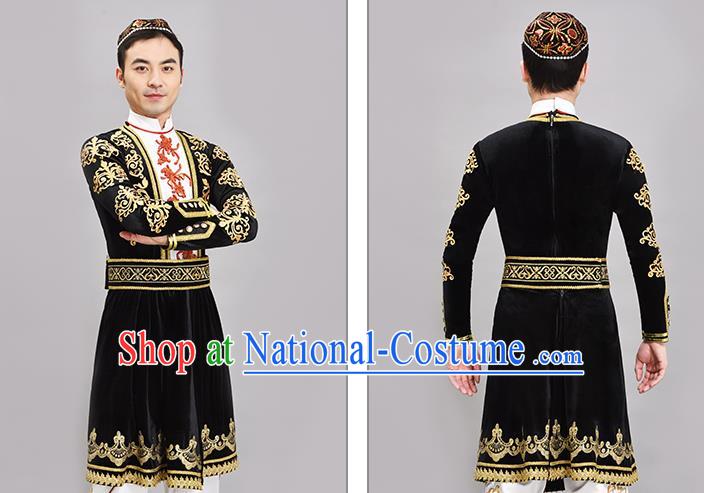 Chinese Ethnic Male Group Dance Clothing Xinjiang Dance Black Outfit Uyghur Nationality Dance Costume