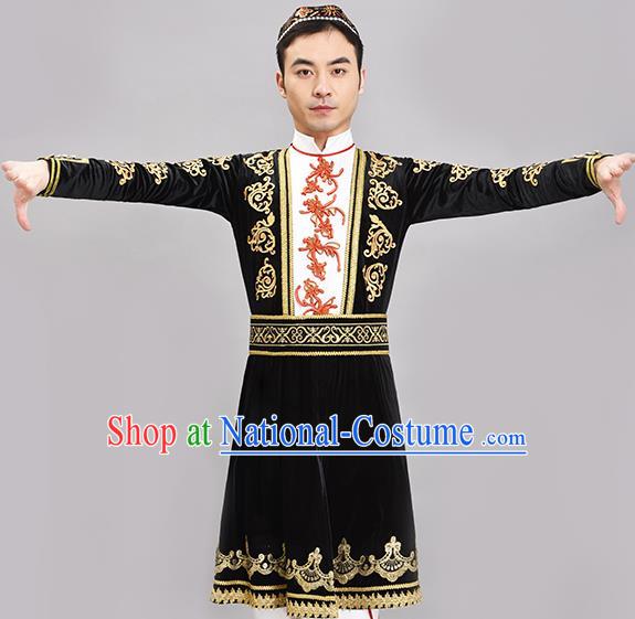 Chinese Ethnic Male Group Dance Clothing Xinjiang Dance Black Outfit Uyghur Nationality Dance Costume