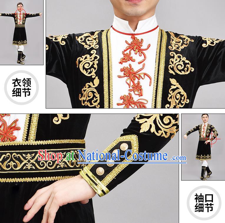 Chinese Ethnic Male Group Dance Clothing Xinjiang Dance Black Outfit Uyghur Nationality Dance Costume