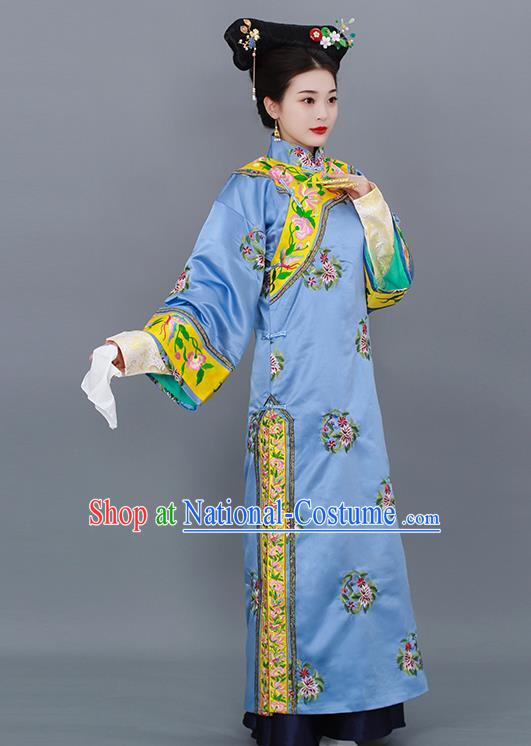 Chinese Qing Dynasty Manchu Lady Costume Ancient Imperial Consort Clothing Court Empress Blue Dress