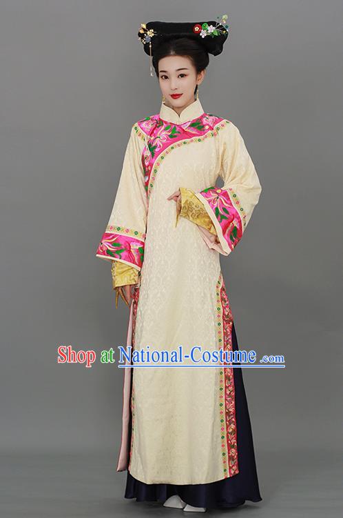 Chinese Court Empress Beige Dress Qing Dynasty Manchu Lady Costume Ancient Imperial Consort Clothing