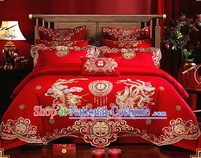 Top Cotton Bedding Items Chinese Wedding Bedclothes Embroidery Dragon and Phoenix Four Pieces Set