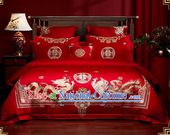 Top Chinese Red Wedding Bedclothes Embroidery Dragon and Phoenix Four Pieces Set Cotton Bedding Items