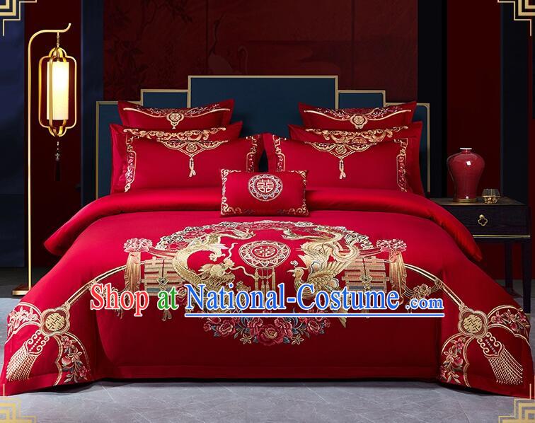 Top Embroidery Dragon and Phoenix Four Pieces Set Long Staple Cotton Bedding Items Chinese Red Wedding Bedclothes