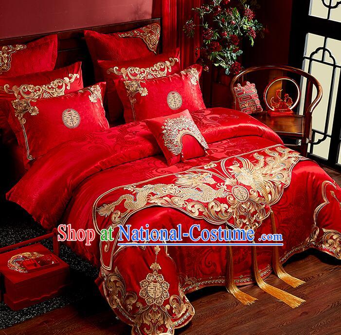 Chinese Wedding Bedclothes Top Embroidery Dragon and Phoenix Red Four Pieces Set Long Staple Cotton Bedding Items