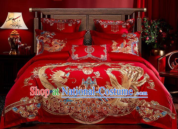 Chinese Long Staple Cotton Bedding Items Wedding Bedclothes Top Embroidery Dragon and Phoenix Red Four Pieces Set