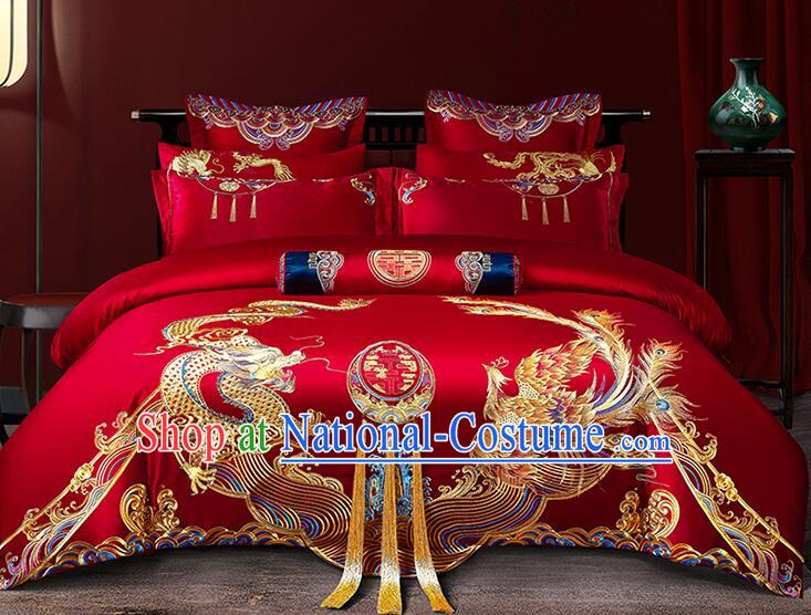 Chinese Embroidery Dragon and Phoenix Red Four Pieces Set Top Long Staple Cotton Bedding Items Wedding Bedclothes