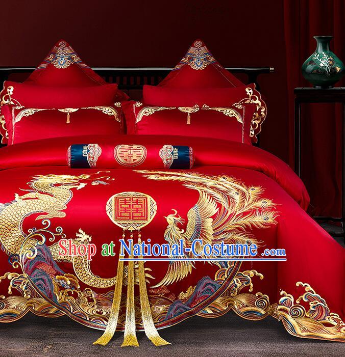 Chinese Wedding Bedclothes Embroidery Dragon and Phoenix Red Four Pieces Set Top Long Staple Cotton Bedding Items