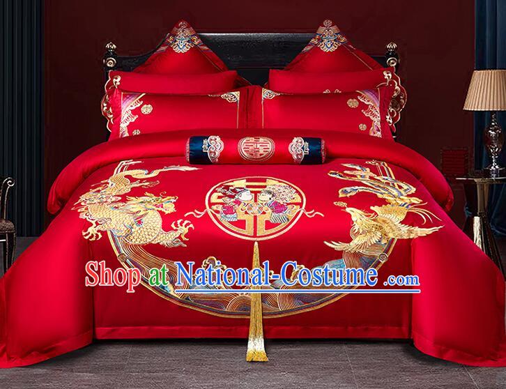 Chinese Long Staple Cotton Bedding Items Top Wedding Bedclothes Embroidery Dragon and Phoenix Red Four Pieces Set