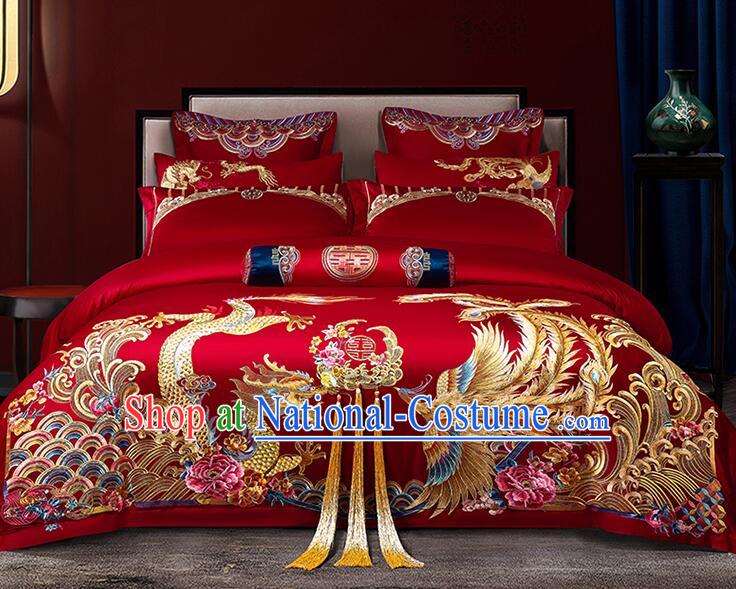 Chinese Embroidery Dragon and Phoenix Peony Red Four Pieces Set Long Staple Cotton Bedding Items Top Wedding Bedclothes