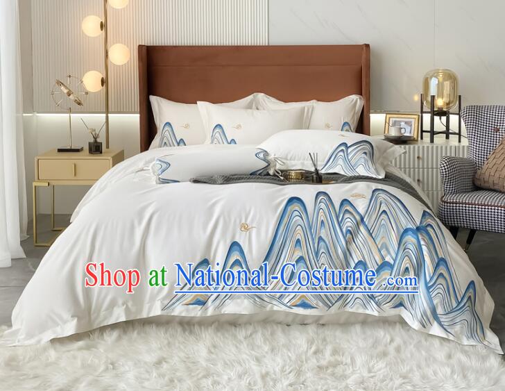 Top Long Staple Cotton Bedclothes Chinese Embroidery Landscape White Four Pieces Bedding Items Set