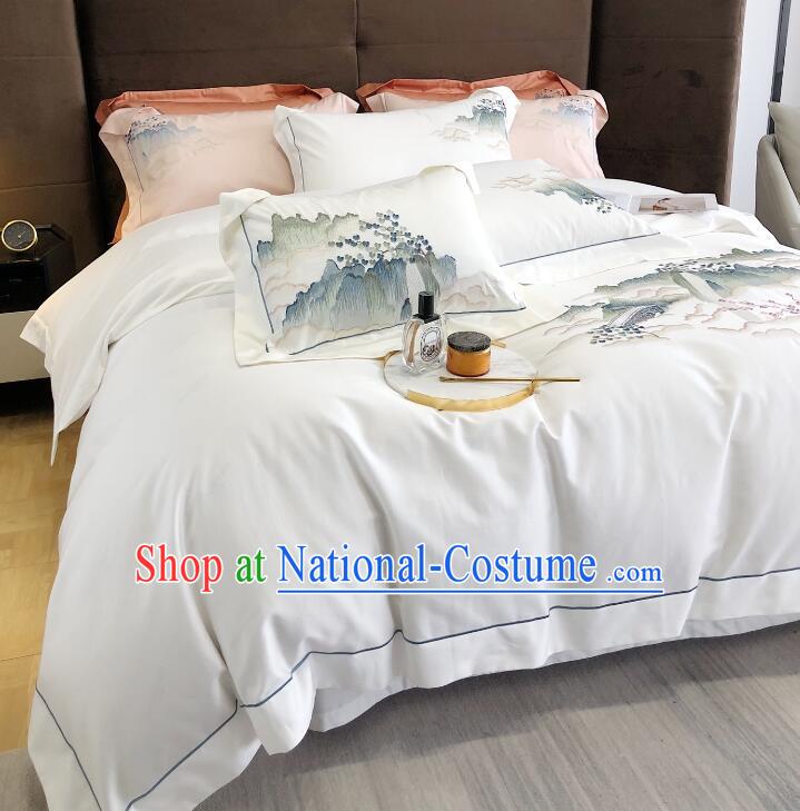 Top Cotton Landscape Bedclothes Chinese Embroidery White Four Pieces Bedding Items Set