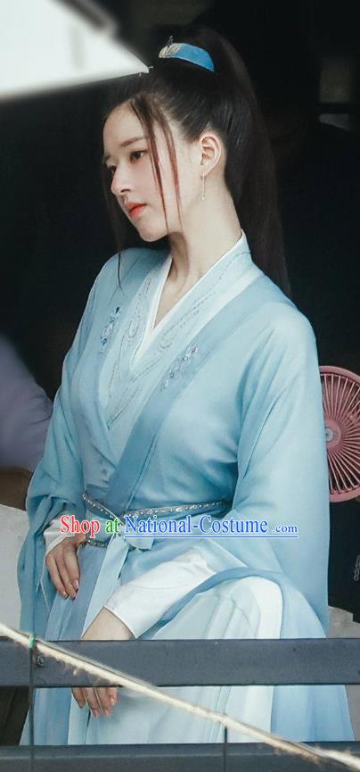 Chinese TV Series Qie Shi Tian Xia Bai Feng Xi Garment Costumes Ancient Female Knight Clothing Swordswoman Blue Dress