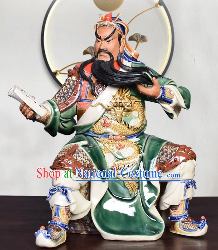 Chinese Shi Wan Ceramic Figurine Handmade Guan Gong Night Reading Sculptures Guan Yu Porcelain Statue Arts