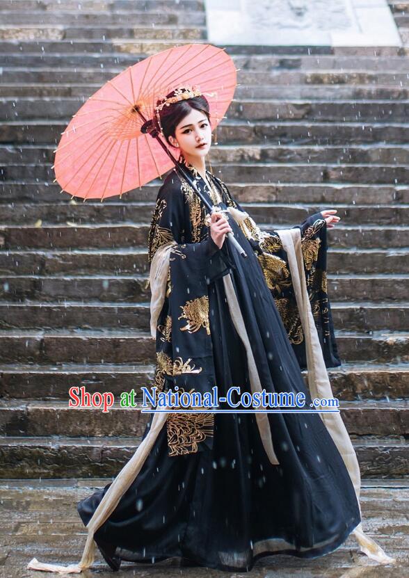 Chinese Ancient Fairy Garment Costumes Tang Dynasty Princess Black Ruqun Dresses Traditional Hanfu Clothing