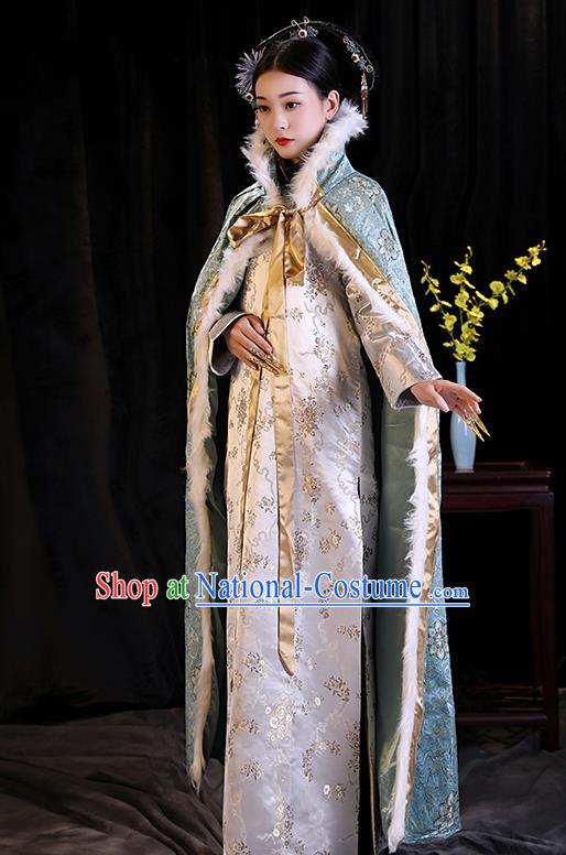 Chinese Winter Blue Cloak Qing Dynasty Court Empress Costume Ancient Imperial Consort Cape Clothing