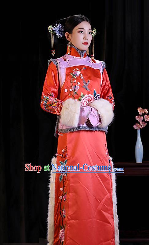 Chinese Ancient Imperial Consort Winter Clothing Court Woman Dress Qing Dynasty Court Empress Red Garment Costumes