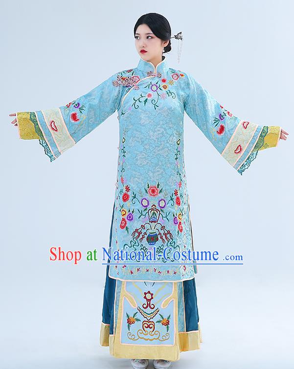 Chinese Late Qing Dynasty Young Mistress Garment Costumes Ancient Young Woman Clothing Traditional Blue Dress