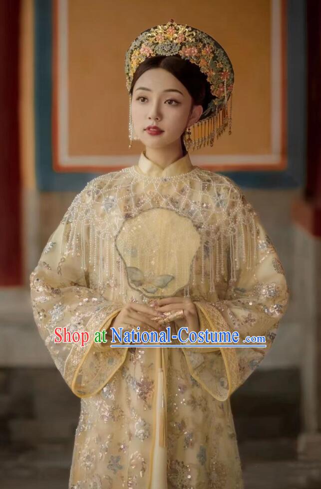 Chinese Qing Dynasty Imperial Consort Garment Costumes Ancient Empress Light Yellow Dresses Traditional Court Woman Clothing