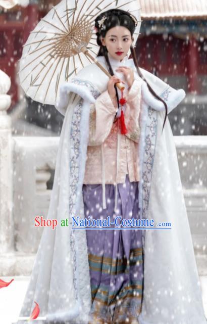 Chinese Ancient Princess Clothing Traditional Winter White Mantle Ming Dynasty Young Lady Embroidered Cloak