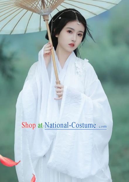 Chinese Jin Dynasty Young Lady Garment Costumes Ancient Princess Clothing Traditional White Hanfu Dress