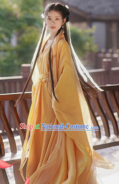 Chinese Jin Dynasty Princess Garment Costumes Ancient Swordswoman Clothing Traditional Yellow Hanfu Dress