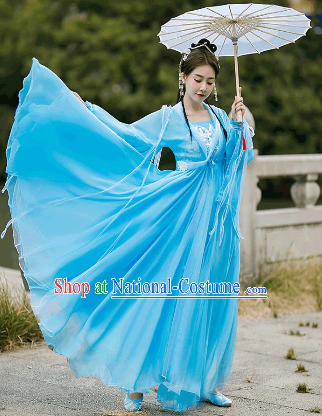 Chinese TV Series Peri Garment Costumes Ancient Princess Clothing Tang Dynasty Goddess Blue Dress