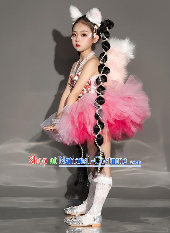 Children Modern Fancywork Garment Costume Girls Stage Show Clothing Fashion Catwalks Pink Veil Dress