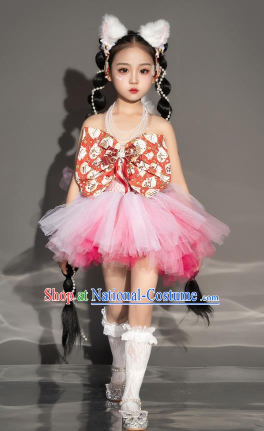 Children Modern Fancywork Garment Costume Girls Stage Show Clothing Fashion Catwalks Pink Veil Dress