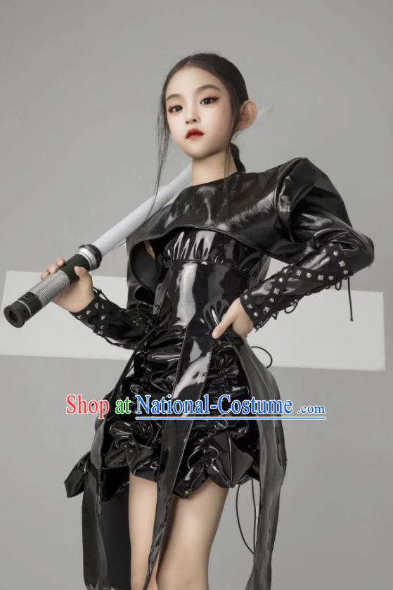 Children Fashion Catwalks Black Outfit Modern Fancywork Garment Costume Girls Stage Show Clothing