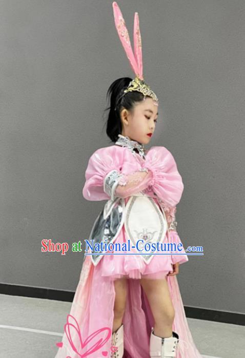 Chinese Modern Show Trailing Clothing Children Fashion Catwalks Pink Dress Girls Modern Fancywork Garment Costume