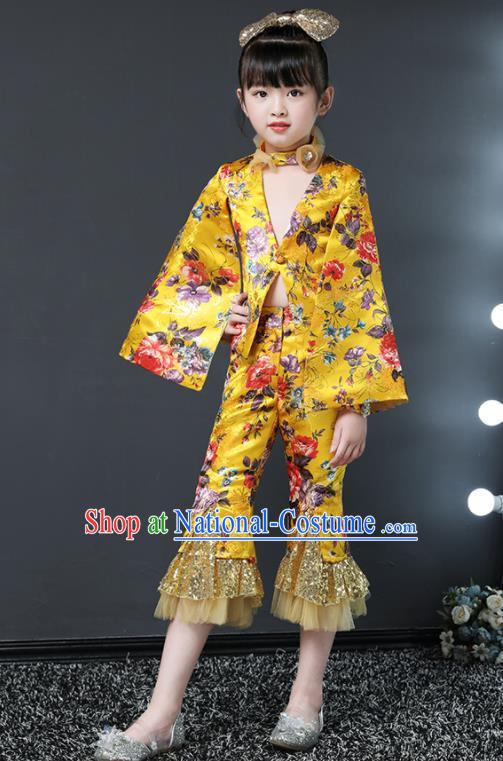 Girls Modern Fancywork Garment Costume Stage Show Clothing Children Fashion Catwalks Golden Suit