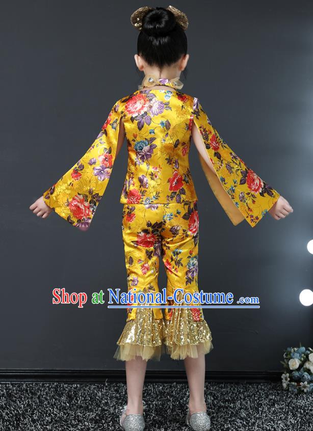 Girls Modern Fancywork Garment Costume Stage Show Clothing Children Fashion Catwalks Golden Suit