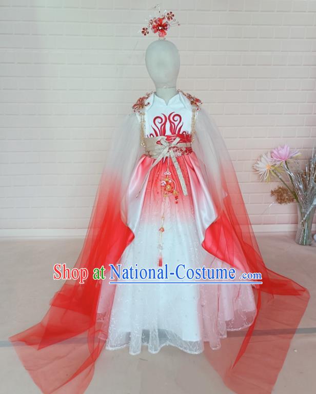 Chinese Stage Show Oriental Beauty Clothing Children Fashion Catwalks White Veil Dress Girls Modern Fancywork Garment Costume