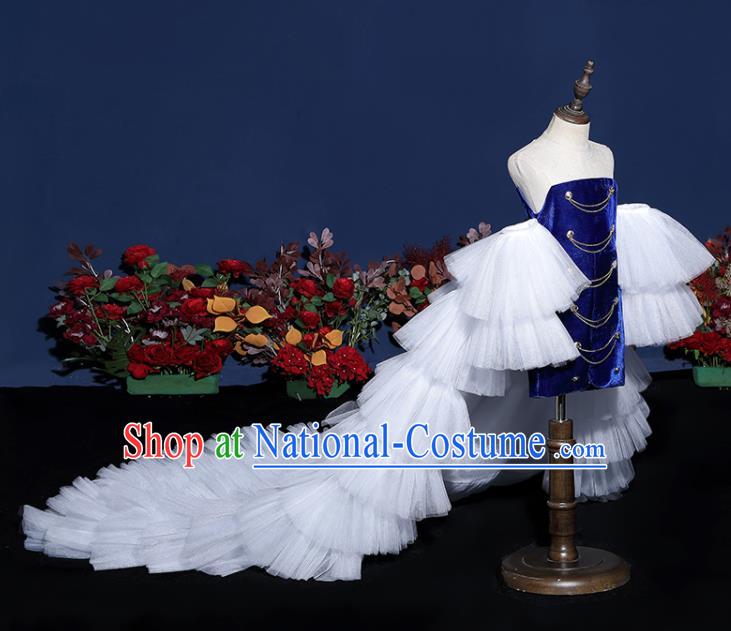 Girls Modern Fancywork Garment Costume Modern Show Clothing Children Fashion Catwalks Royal Blue Velvet Dress