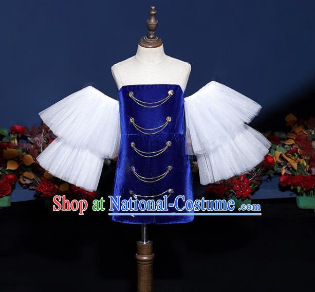 Girls Modern Fancywork Garment Costume Modern Show Clothing Children Fashion Catwalks Royal Blue Velvet Dress