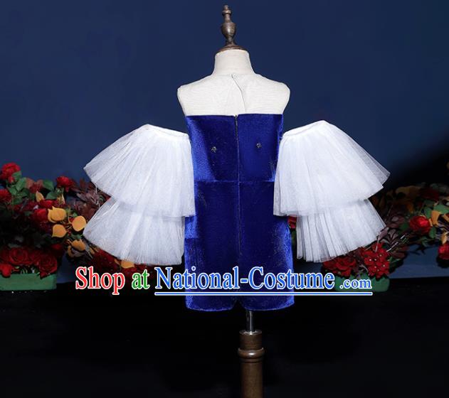 Girls Modern Fancywork Garment Costume Modern Show Clothing Children Fashion Catwalks Royal Blue Velvet Dress