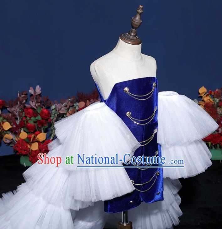 Girls Modern Fancywork Garment Costume Modern Show Clothing Children Fashion Catwalks Royal Blue Velvet Dress