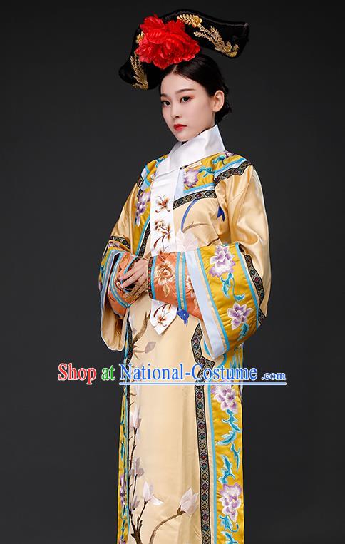 Chinese Ancient Imperial Consort Clothing Qing Dynasty Court Garment Costumes Empress Light Golden Dress