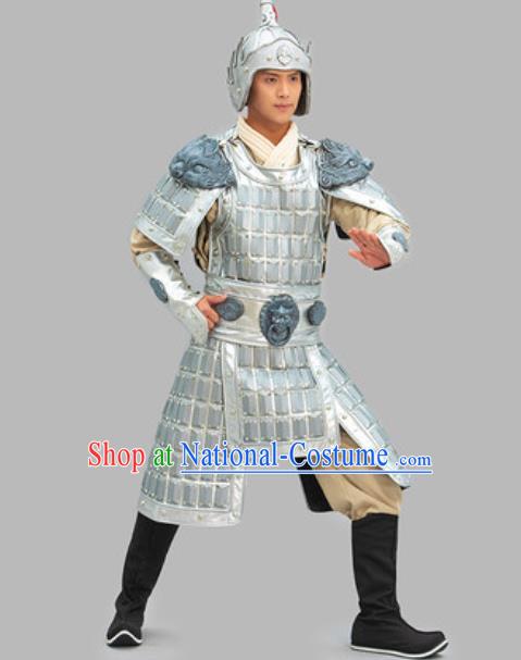 Chinese Ancient General Clothing Three Kingdoms Period Yue Fei Garment Costumes Traditional Argenta Armor and Helmet Complete Set