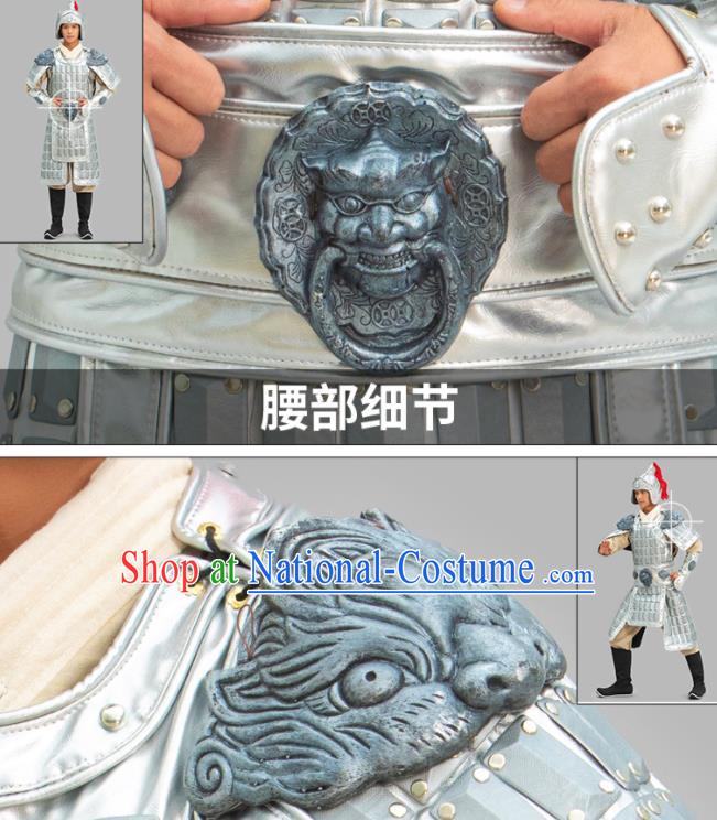 Chinese Ancient General Clothing Three Kingdoms Period Yue Fei Garment Costumes Traditional Argenta Armor and Helmet Complete Set