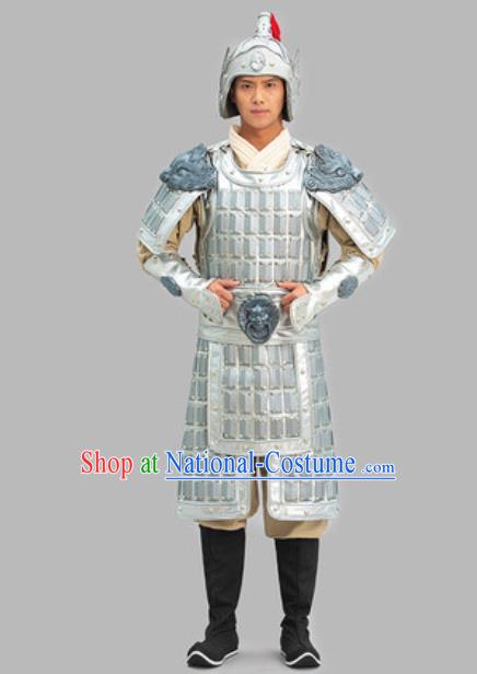 Chinese Ancient General Clothing Three Kingdoms Period Yue Fei Garment Costumes Traditional Argenta Armor and Helmet Complete Set