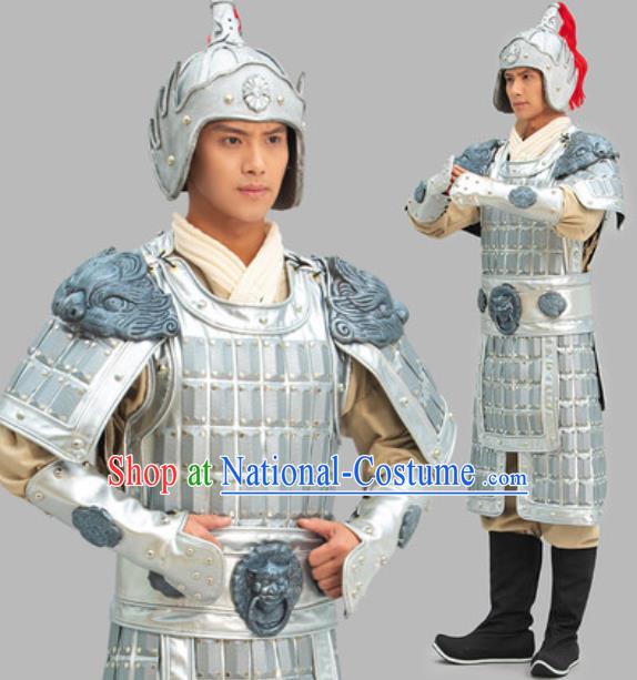 Chinese Ancient General Clothing Three Kingdoms Period Yue Fei Garment Costumes Traditional Argenta Armor and Helmet Complete Set