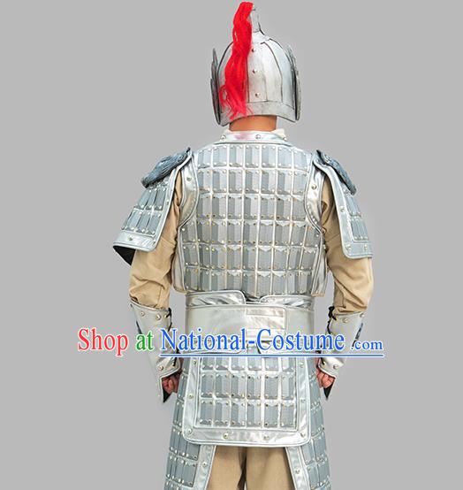 Chinese Ancient General Clothing Three Kingdoms Period Yue Fei Garment Costumes Traditional Argenta Armor and Helmet Complete Set