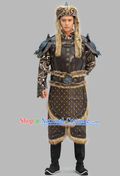 Chinese Traditional Mongolian Leather Armor and Helmet Ancient General Clothing Yuan Dynasty Warrior Garment Costumes