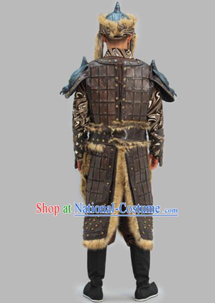 Chinese Traditional Mongolian Leather Armor and Helmet Ancient General Clothing Yuan Dynasty Warrior Garment Costumes